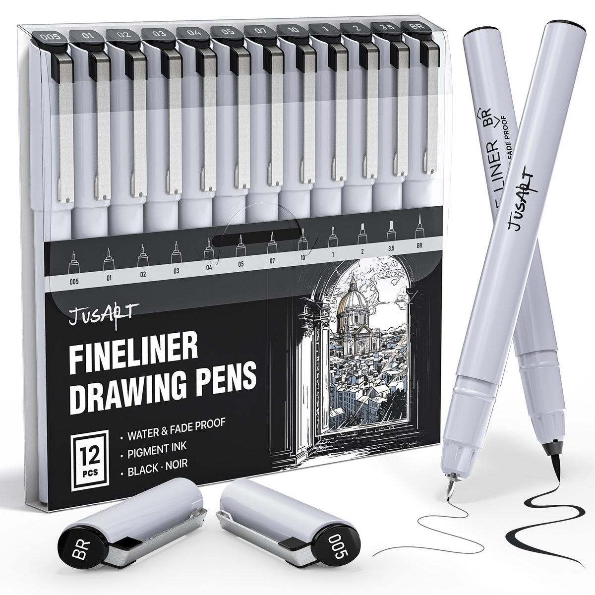 JusArt Fineliner Pens, Ultra Fine, Fine, Brush & Chisel, 12 Size, Waterproof Black Pigment Pen for Artists, Crafters, Illustration, Sketching, Writing, Journaling, Bible Note, Technical Drawing pens