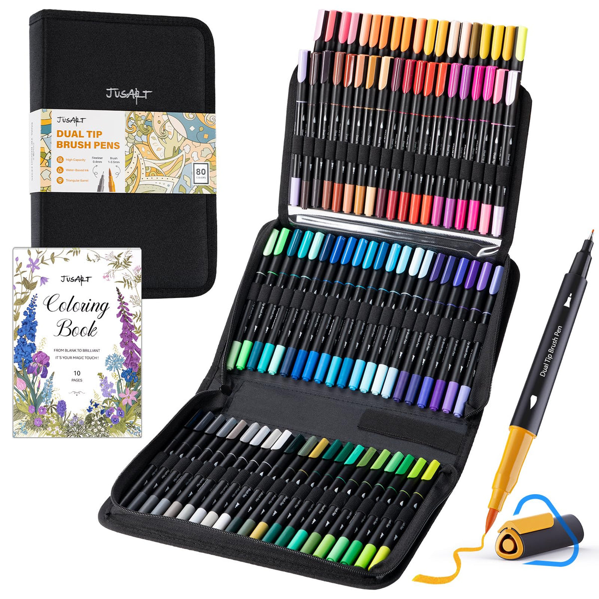 JusArt Markers for Adult Coloring Books No Bleeding, 80 Colors Coloring Markers with Dual Tips, Fine & Brush Pens with Ergonomic Triangle Grip & 33% More Ink, Water-Based Art Drawing Set for Adults
