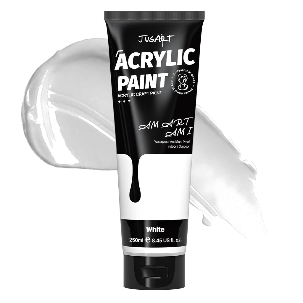 JusArt Acrylic Paint,Titanium White Paint Tubes 250ml(8.45 oz) Non-Toxic & Rich Pigment Craft Paints for Canvas Painting, Wood, Fabric, Stone, Ceramics, Art Supplies for Artists, Adults