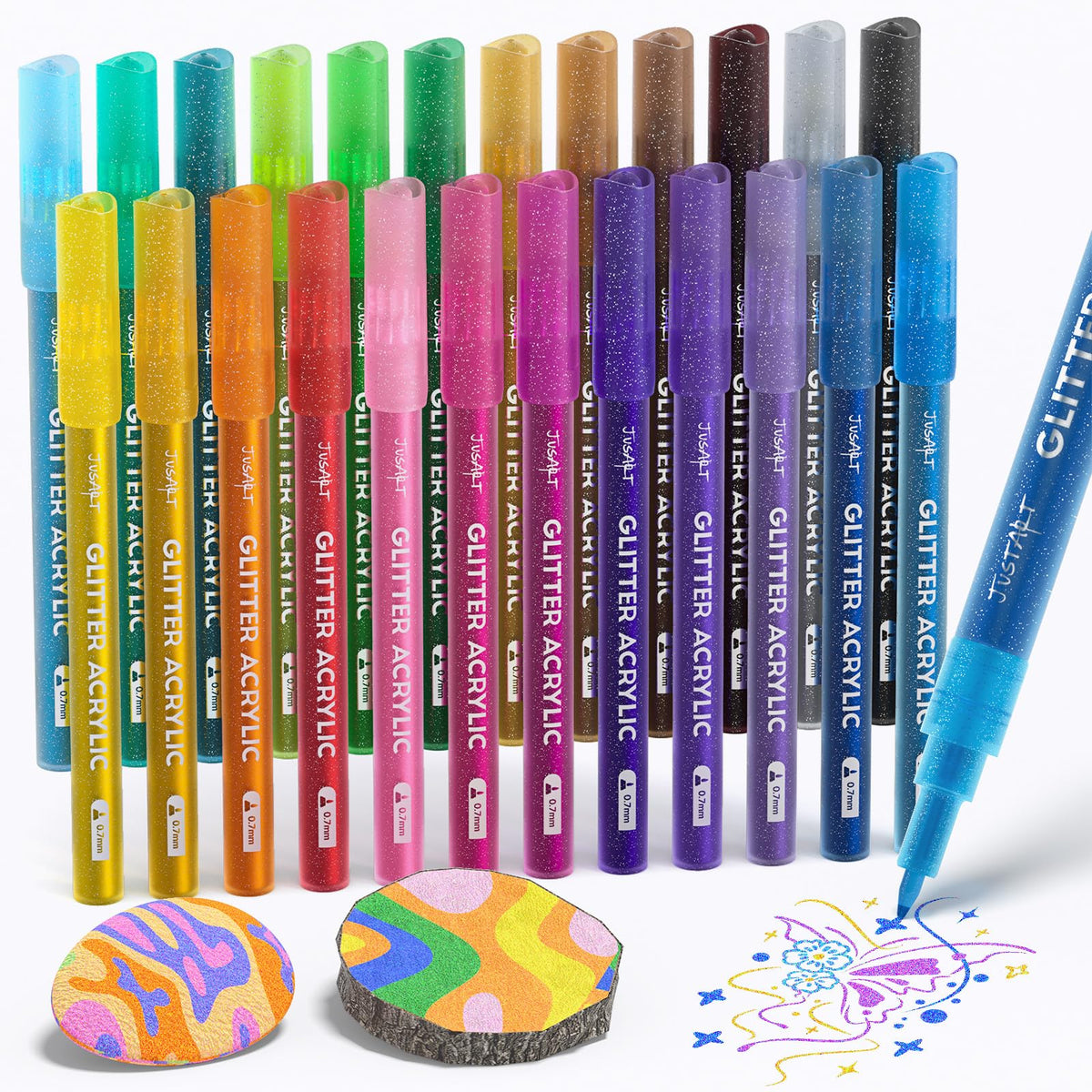 JusArt 24 Colors Glitter Markers, 0.7mm Extra Fine Tip Acrylic Glitter Pens, Metallic Shimmer Marker for Adults DIY Crafts Making, Drawing, Scrapbooking Supplies, Rock, Wood,Fabric