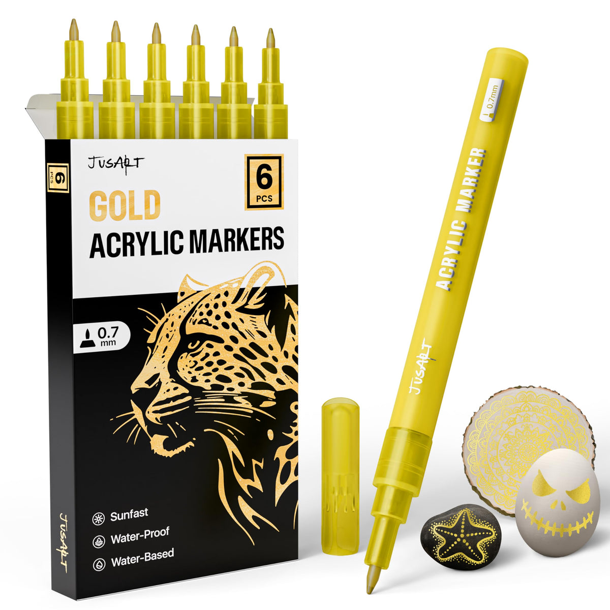 JusArt 6 Pack Gold Acrylic Paint Markers, 0.7mm Fine Point Acrylic Paint Pens for Rock Painting, Art Projects, Ceramic, Glass, Wood, Metal, Fabric, DIY, Ideal Gold Permanent Marker for Art Supplies