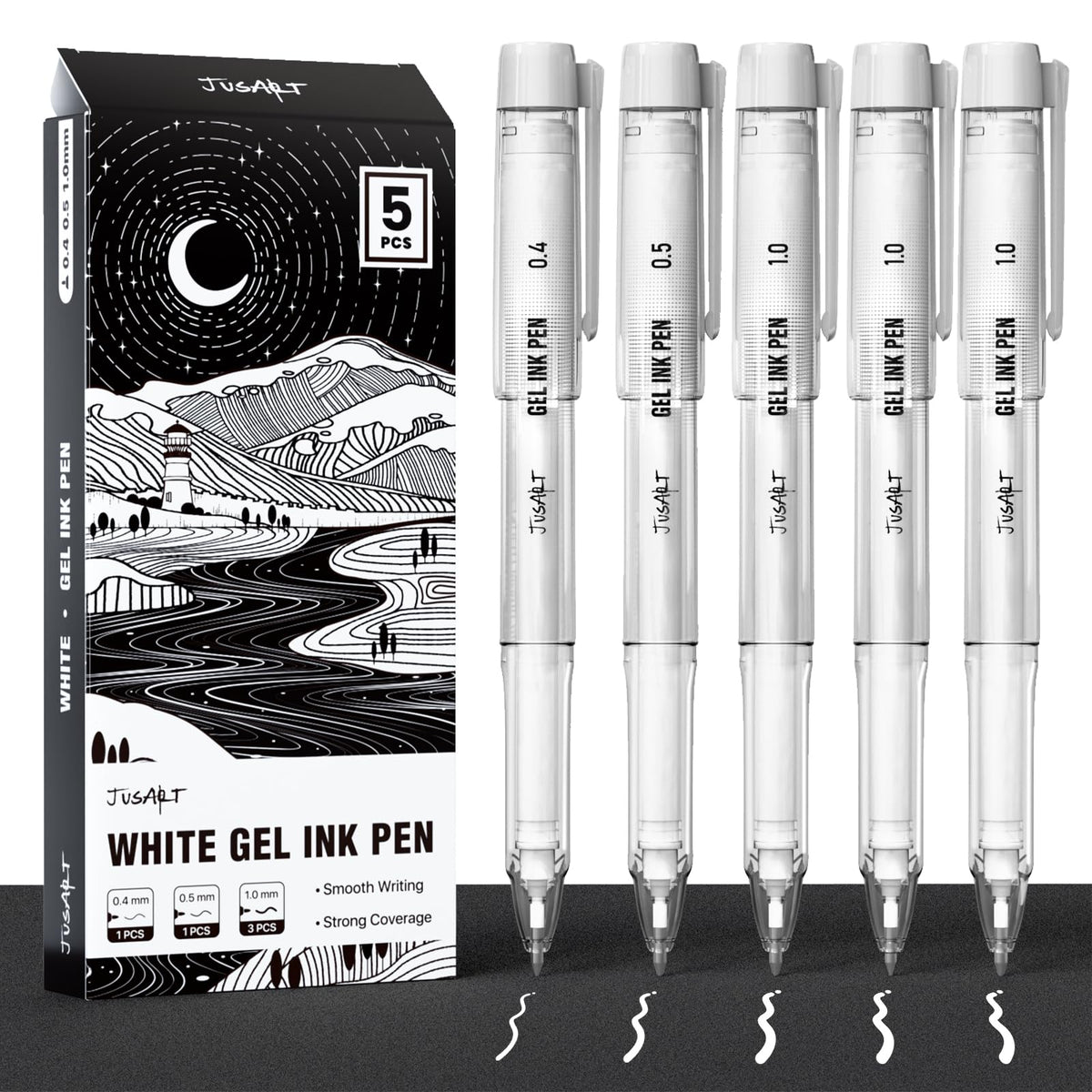JusArt White Gel Pens with 0.4mm, 0.5mm & 1.0mm Assorted Tips, Opaque White Ink Pens for Black Paper, Drawing, Journaling & DIY Crafts, Ideal Drawing Pens for Artists & Art Supplies, 5 Pack