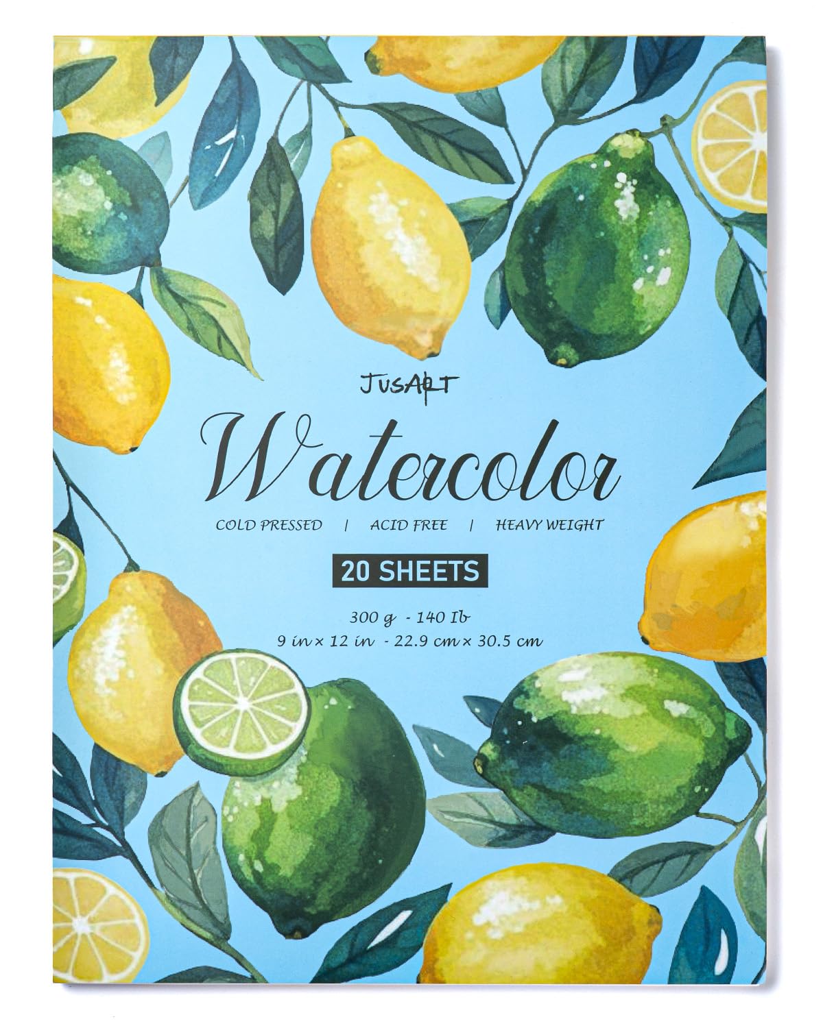 JusArt Watercolor Paper Pad 9"x12", 300gsm/140lb, Cold Press Water Color Paper, Acid-Free, for Wet & Dry Media, Watercolor, Gouache & Sketching, 20 Sheets, Perfect for Artists