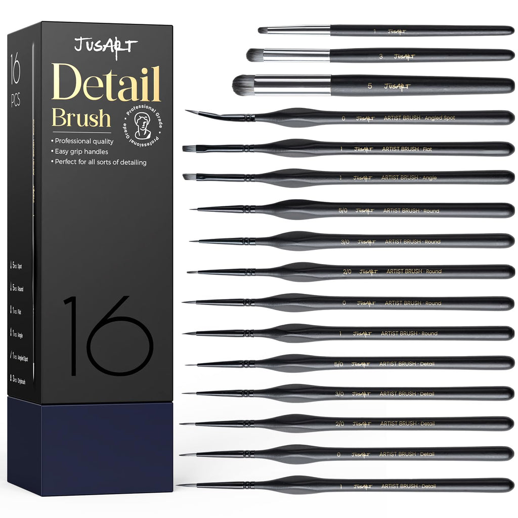 JusArt 16-Piece Detail Paint Brush Set, Miniature Paint Brushes for Models, Acrylic Oil Watercolor, Professional Fine Detail Brushes for Adults & Miniature Painters