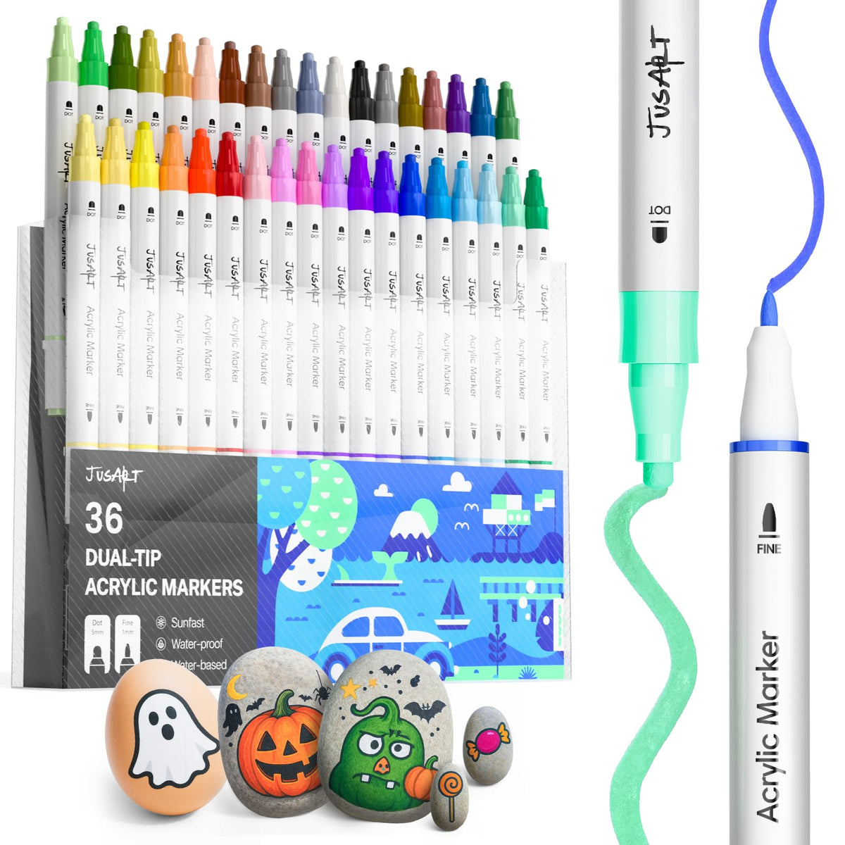 JusArt 36 Colors Dual Tip Acrylic Paint Pens Markers, Premium Water-Based Acrylic Paint Markers for Fabric, Rock, Wood, Glass, Eggs, Canvas, Ceramic, Easter Basket Stuffers DIY Crafts Drawing Markers