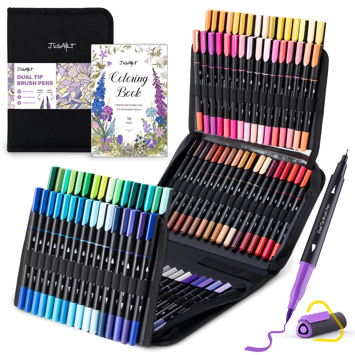 JusArt Markers for Adult Coloring Books No Bleeding, 100 Colors Coloring Markers with Dual Tips, Fine & Brush Pens with Ergonomic Triangle Grip & 33% More Ink, Water-Based Art Drawing Set for Adults