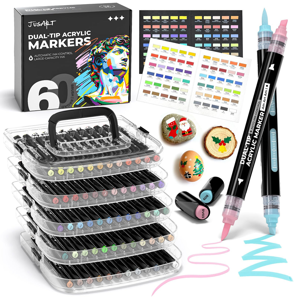 JusArt Automatic Ink Control Acrylic Paint Markers,60 Colors Dual Tip with Broad Tip and Brush Tip Pens for Ceramic, Wood, Canvas, Glass, Stone, Fabric, Rock Painting, DIY Crafts Art Supplies Kit