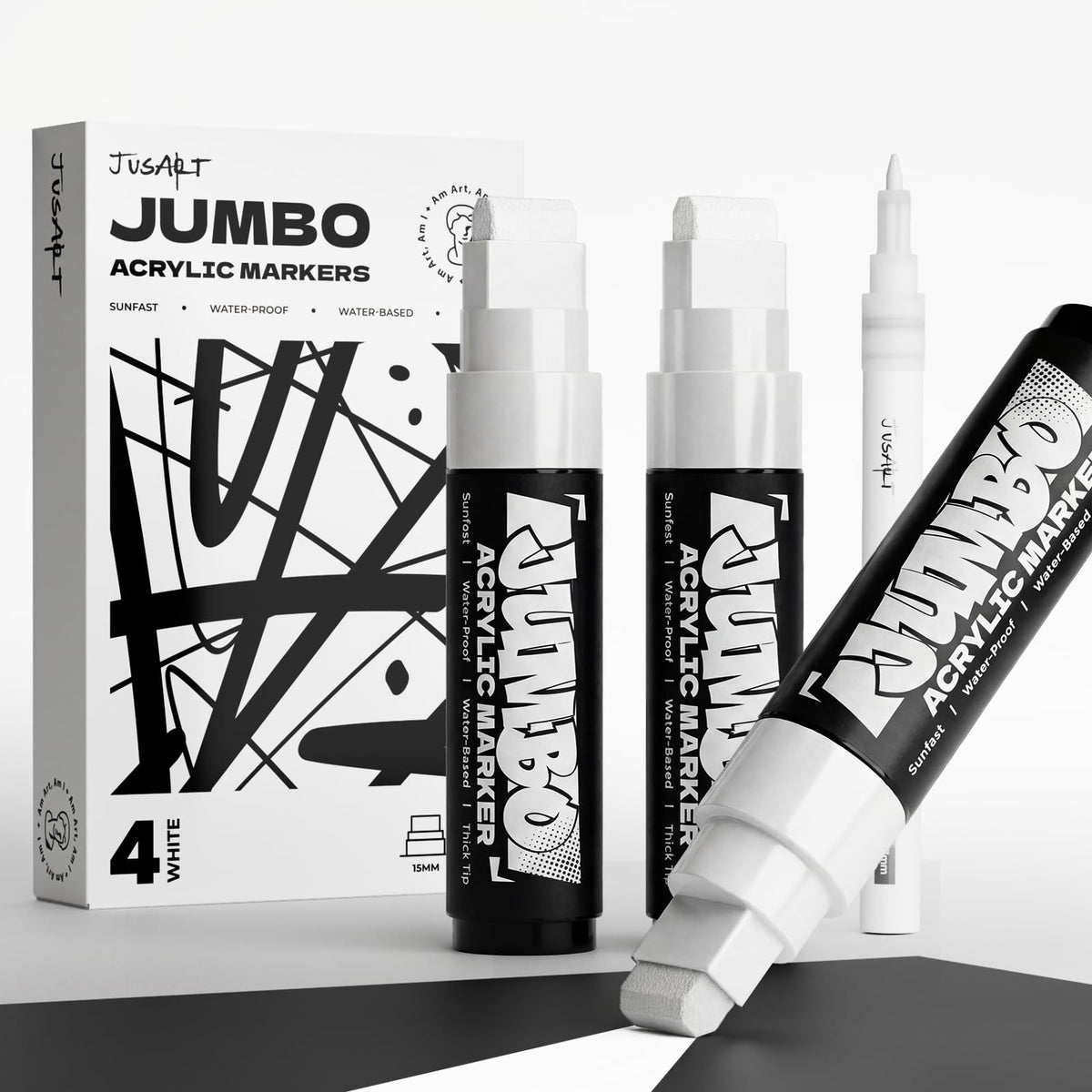 JusArt 4 Pcs White Jumbo Poster Marker Set, 15mm Wide Tip and 0.7mm Fine Tip, Acrylic Paint Markers for Rock, Fabric, Glass, Metal, Wood