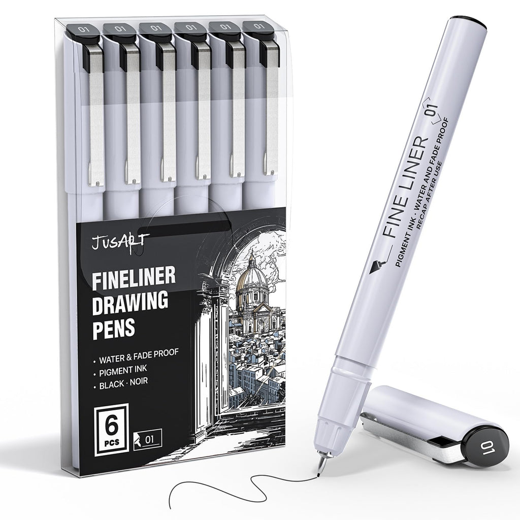 JusArt Fineliner Pens, 6 Pcs, 0.25mm Ultra Fine Point Pens 01, No Bleed, Waterproof Black Pigment Ink Pens for Artists Beginners, Illustration, Writing, Journaling, Crafters, Technical Drawing pens