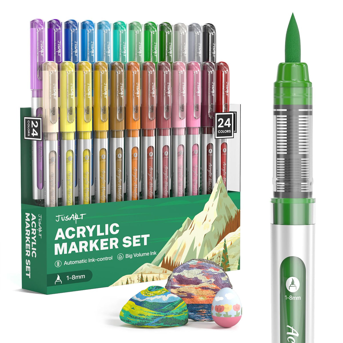 JusArt Acrylic Paint Markers Brush Tip 24 Colors, Water-Based No-Bleed Markers with Automatic Ink Control, Waterproof Acrylic Paint Pens for Eggs, Fabric, Rock, Glass, Ceramic, Metal