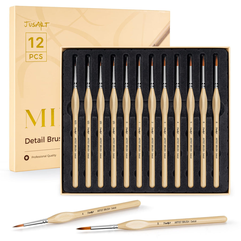 JusArt Detail Paint Brushes Set, 12 PCS Fine Tip Model Miniature Paint Brushes for Fine Detailing - Acrylic, Watercolor, Oil, Models, Rock Painting & Paint by Number - Triangular Handles (Wood)