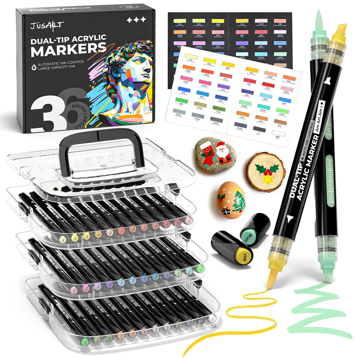 JusArt Automatic Ink Control Acrylic Paint Markers,36 Colors Dual Tip with Broad Tip and Brush Tip Pens for Ceramic, Wood, Canvas, Glass, Stone, Fabric, Rock Painting, DIY Crafts Art Supplies Kit