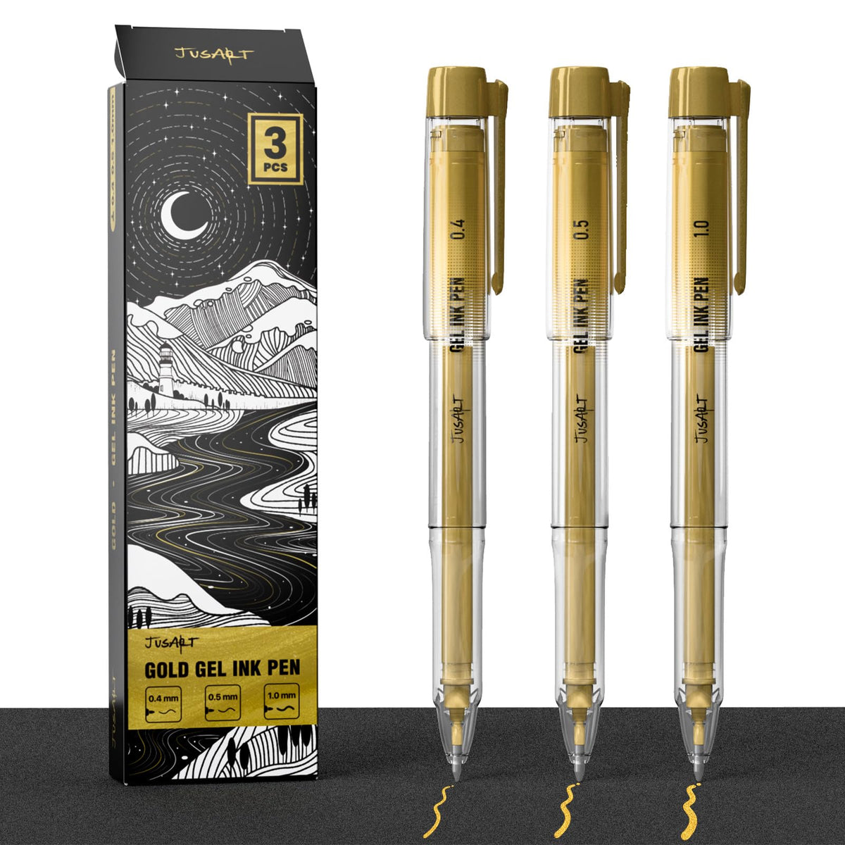 JusArt Gold Pens with 0.4mm, 0.5mm & 1.0mm Assorted Tips, Opaque Ink Gel Pens for Black Paper, Drawing, Journaling & DIY Crafts, Ideal Drawing Pens for Artists & Art Supplies, 3 Pack