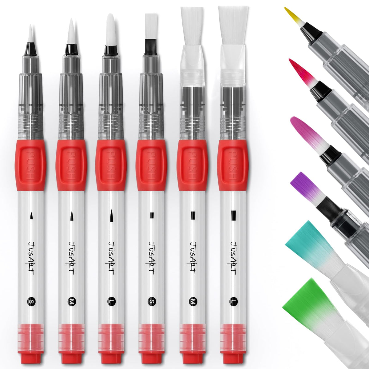 JusArt Water Brush Pens 6-Pack Leak-Proof Refillable Watercolor Pens for Acrylic and Gouache Painting - Includes Pointed & Flat Tip Styles - Portable Water Brushes for Artists, Beginners, Adults,Red