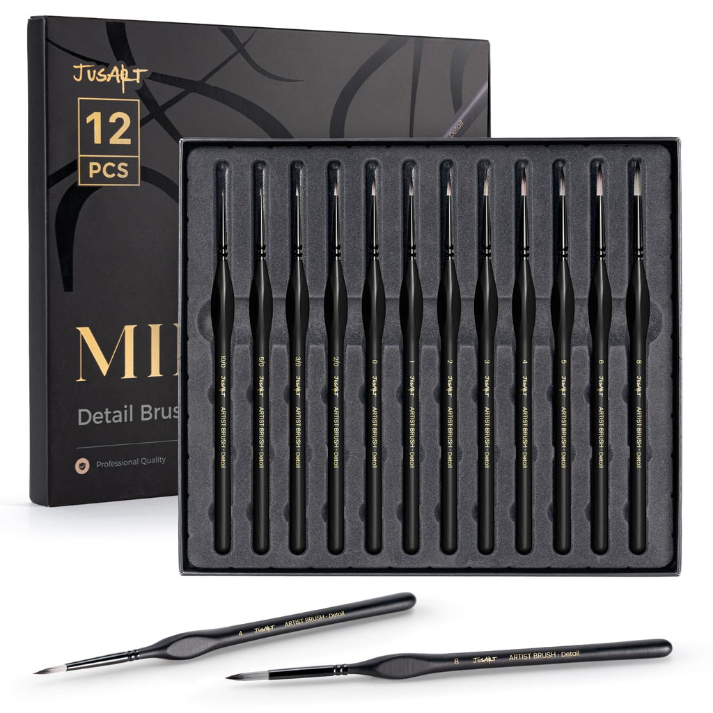 JusArt Detail Paint Brushes Set, 12 PCS Fine Tip Model Miniature Paint Brushes for Fine Detailing - Acrylic, Watercolor, Oil, Models, Rock Painting & Paint by Number - Triangular Handles (Black)