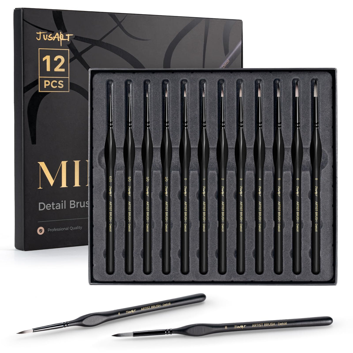 JusArt Detail Paint Brushes Set, 12 PCS Fine Tip Model Miniature Paint Brushes for Fine Detailing - Acrylic, Watercolor, Oil, Models, Rock Painting & Paint by Number - Triangular Handles (Black)