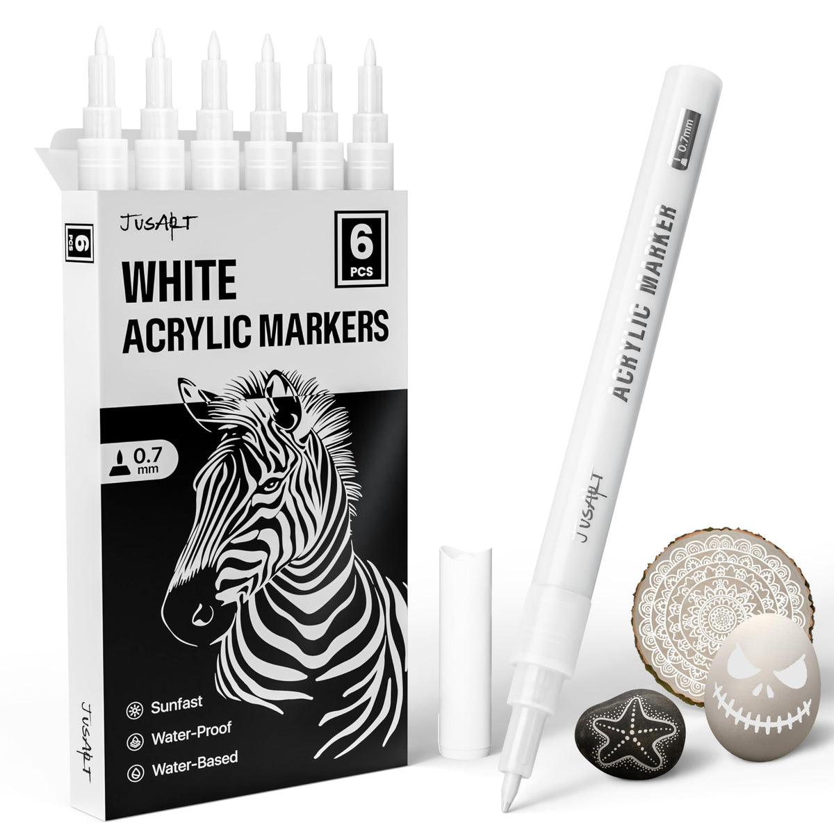 JusArt 6 Pack White Permanent Markers, 0.7mm Fine Point Acrylic Paint Pens for Rock Painting, Art Projects, Ceramic, Glass, Wood, Metal, Fabric, DIY, Ideal White Acrylic Marker for Art Supplies