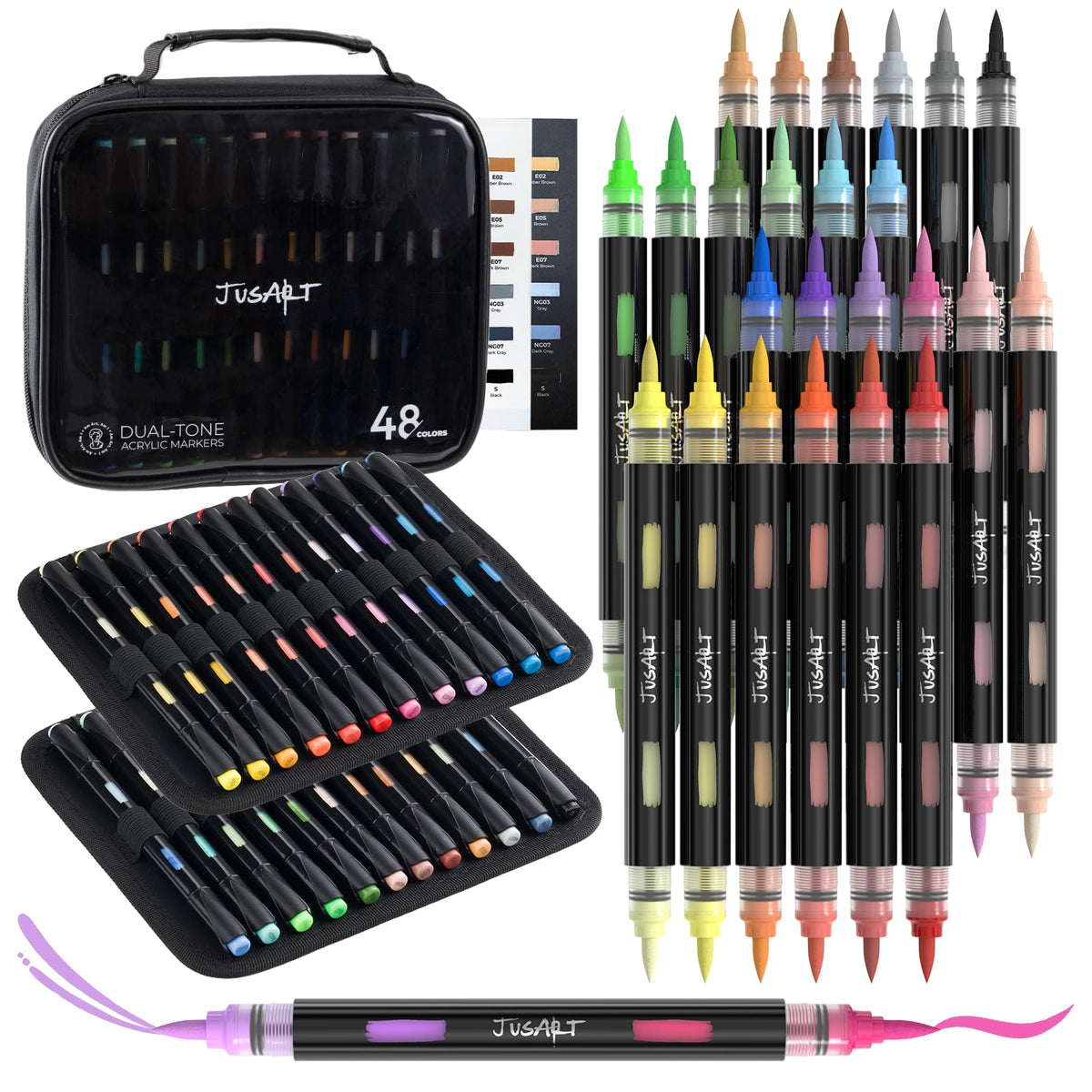 JusArt Acrylic Paint Markers, 48 Colors Brush Tip Acrylic Marker Set, 24 Dual-Tip Water-Based No-Bleed Markers with Automatic Ink Control for Wood, Rock, Fabric, Canvas, Glass, Metal,DIY Crafts