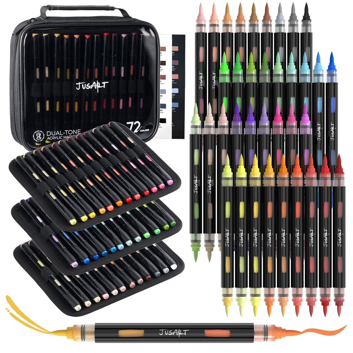JusArt Acrylic Paint Markers, 72 Colors Brush Tip Acrylic Marker Set, 36 Dual-Tip Water-Based No-Bleed Markers with Automatic Ink Control for Wood, Rock, Fabric, Canvas, Glass, Metal,DIY Crafts