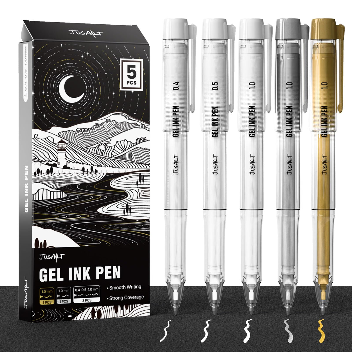 JusArt White Pen, Gold Pens & Silver Pen with 0.4mm, 0.5mm & 1.0mm Assorted Tips, Opaque Ink Pens for Black Paper, Journaling & DIY Crafts, Ideal Drawing Pens for Artists & Art Supplies, 5 Pack