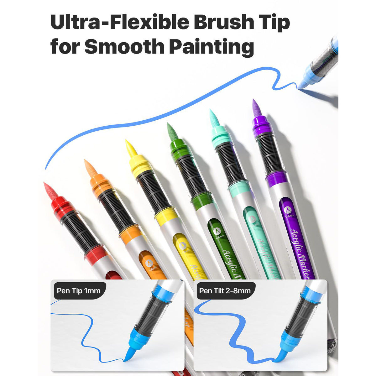 JusArt Acrylic Paint Markers Brush Tip 24 Colors, Water-Based No-Bleed Markers with Automatic Ink Control, Waterproof Acrylic Paint Pens for Eggs, Fabric, Rock, Glass, Ceramic, Metal