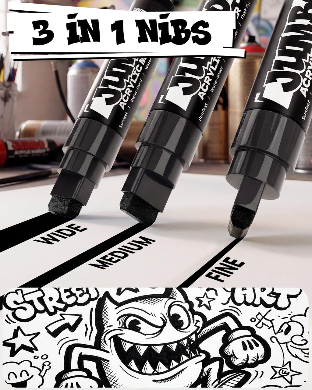 JusArt 4 Pcs Black Jumbo Poster Marker Set, 15mm Wide Tip and 0.7mm Fine Tip, Acrylic Paint Markers for Rock, Fabric, Glass, Metal, Wood