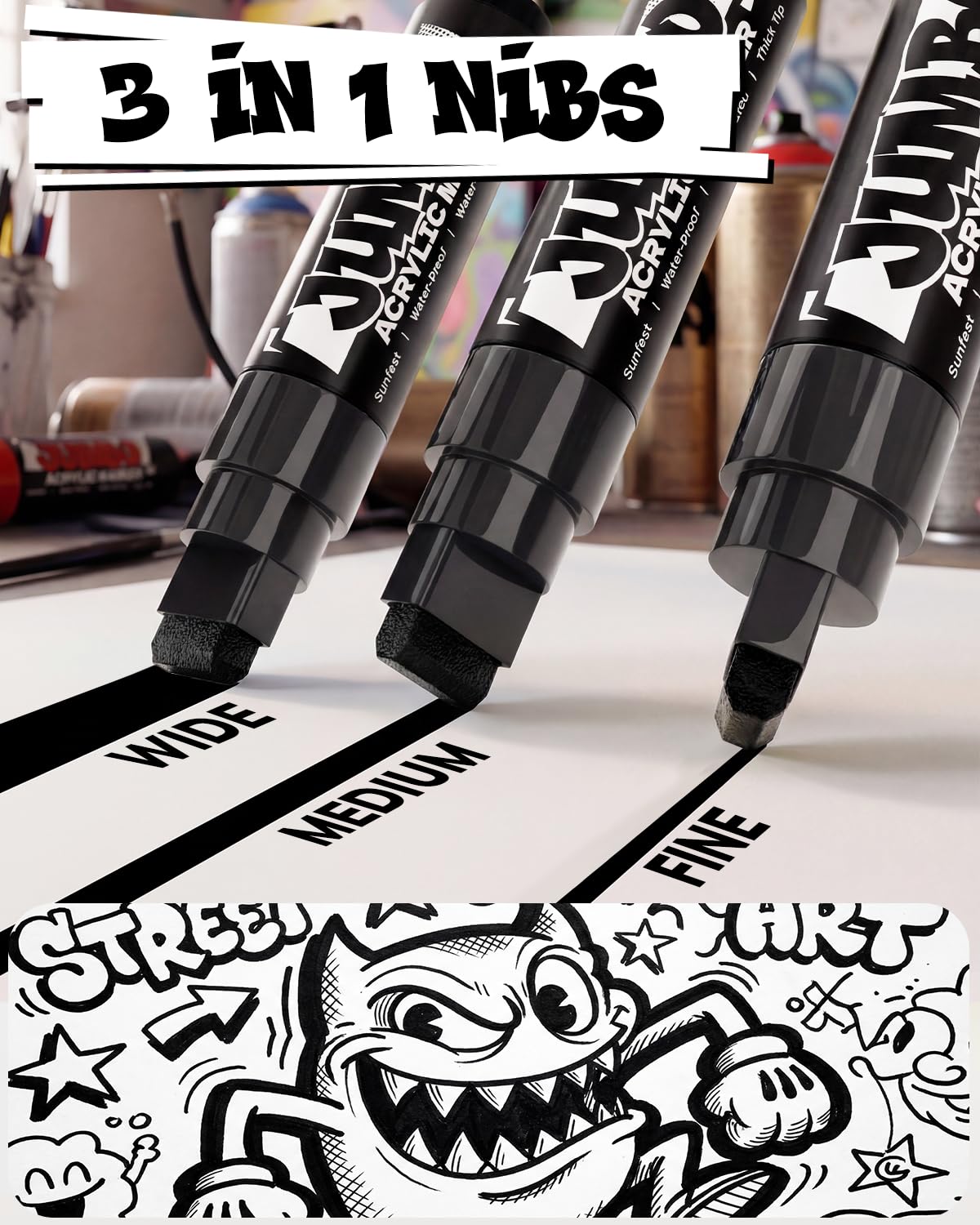 JusArt 4 Pcs Black Jumbo Poster Marker Set, 15mm Wide Tip and 0.7mm Fine Tip, Acrylic Paint Markers for Rock, Fabric, Glass, Metal, Wood