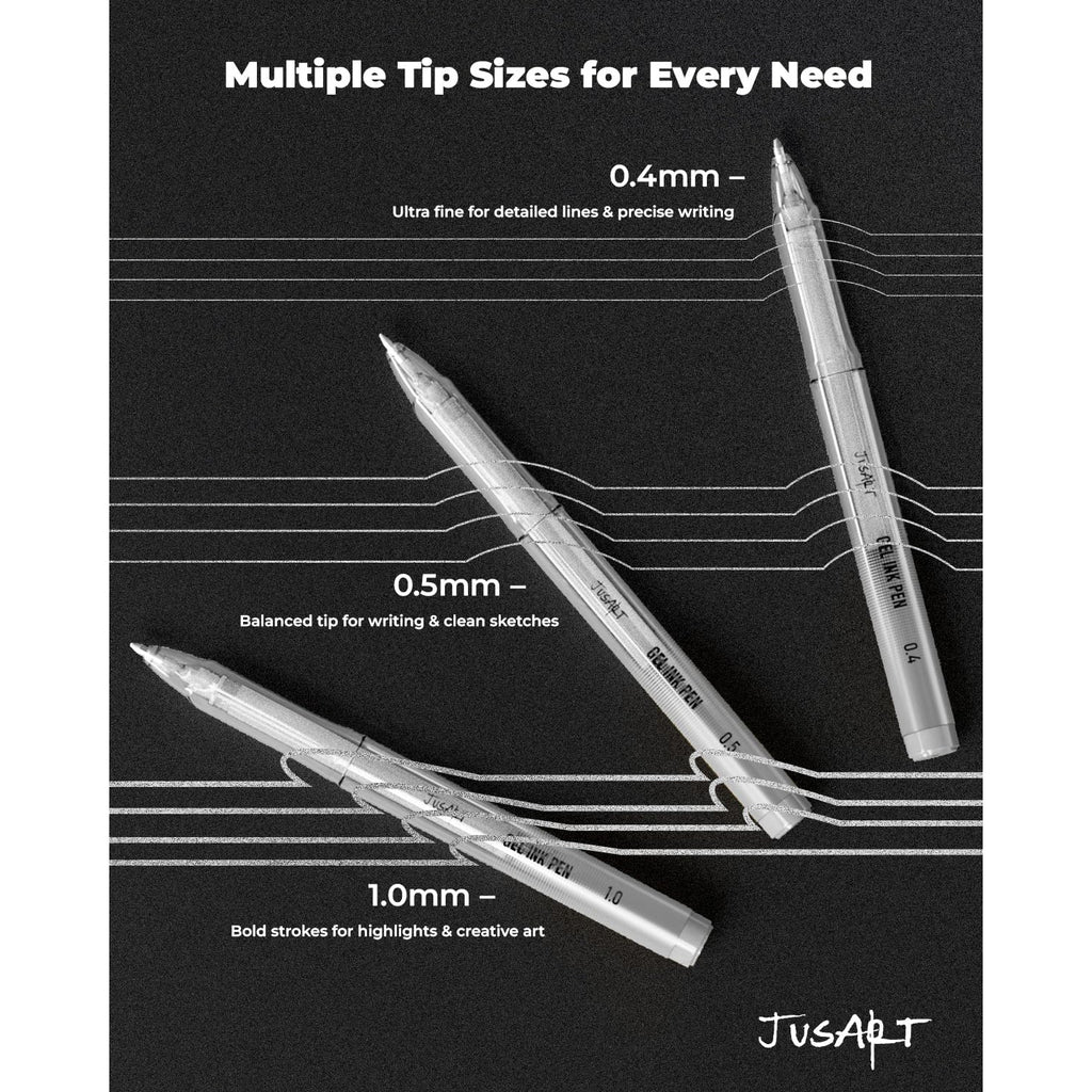 JusArt Silver Pens with 0.4mm, 0.5mm & 1.0mm Assorted Tips, Opaque Ink Gel Pens for Black Paper, Drawing, Journaling & DIY Crafts, Ideal Drawing Pens for Artists & Art Supplies, 3 Pack