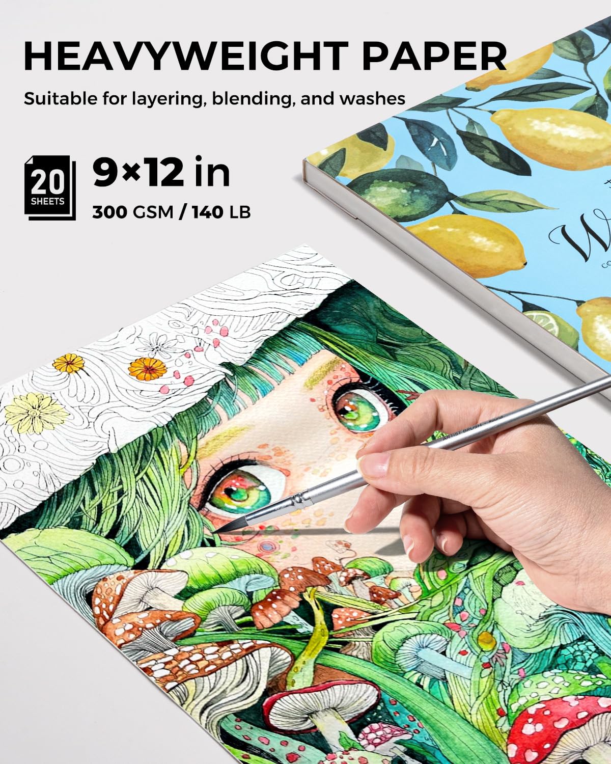 JusArt Watercolor Paper Pad 9"x12", 300gsm/140lb, Cold Press Water Color Paper, Acid-Free, for Wet & Dry Media, Watercolor, Gouache & Sketching, 20 Sheets, Perfect for Artists