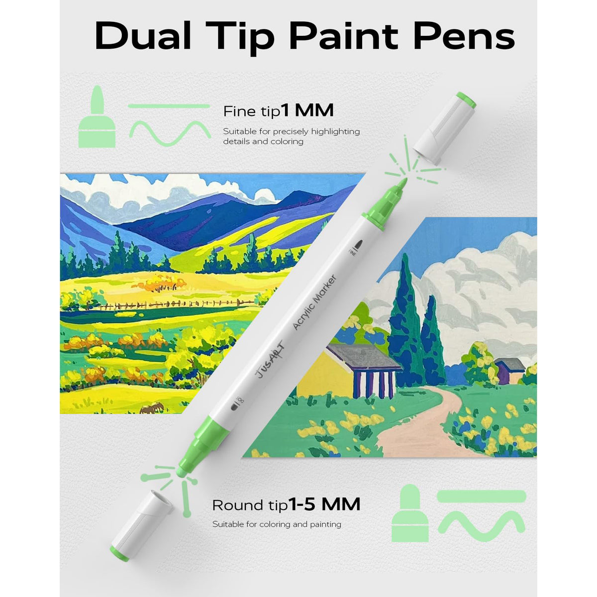 JusArt 24 Colors Dual Tip Acrylic Paint Pens Markers, Premium Water-Based Acrylic Paint Markers for Fabric, Rock, Wood, Glass, Eggs, Canvas, Ceramic, Easter Basket Stuffers DIY Crafts Drawing Markers