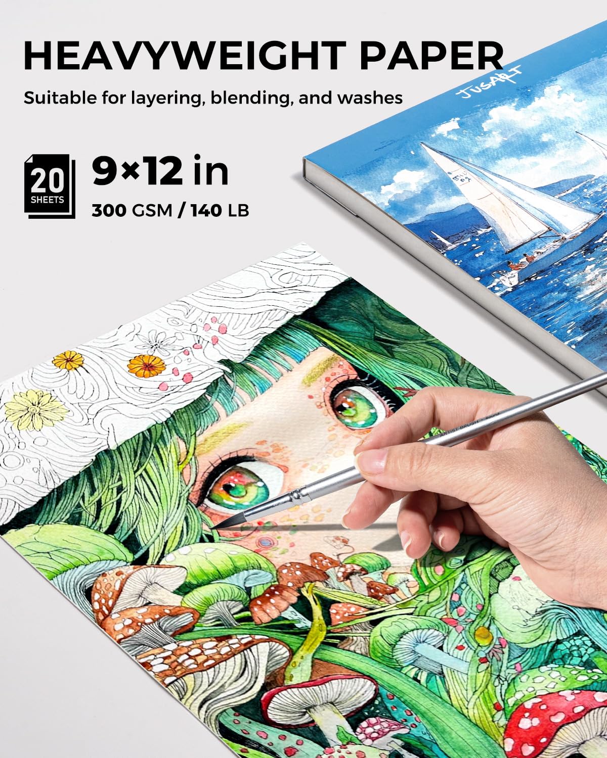 JusArt Watercolor Paper Pad 9"x12", 300gsm/140lb, Cold Press Water Color Paper, Acid-Free, for Wet & Dry Media, Watercolor, Gouache & Sketching, 20 Sheets, Perfect for Artists