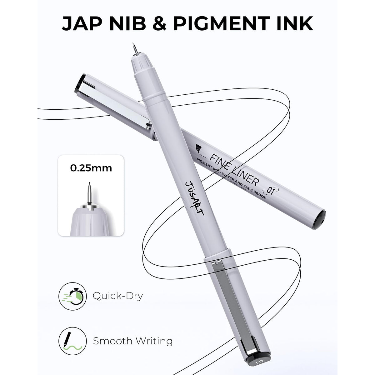 JusArt Fineliner Pens, 6 Pcs, 0.25mm Ultra Fine Point Pens 01, No Bleed, Waterproof Black Pigment Ink Pens for Artists Beginners, Illustration, Writing, Journaling, Crafters, Technical Drawing pens