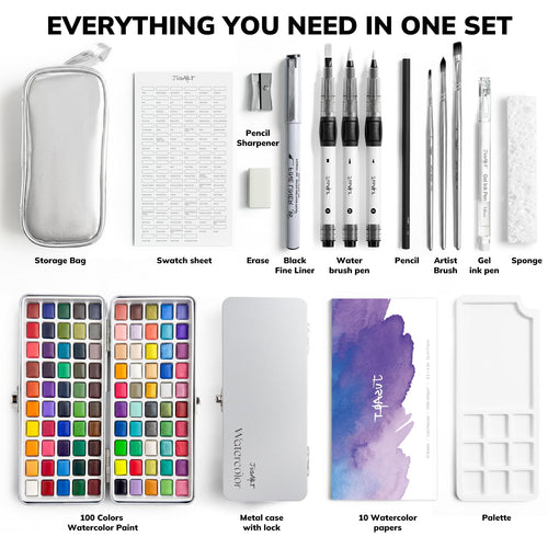 JusArt 100 Colors Watercolor Paint Set,Art Supplies with Metallic Color, Detail Painting Brushes, Water Brush Pens, Portable Travel Watercolor Painting Set for Adult, Artists, Professionals