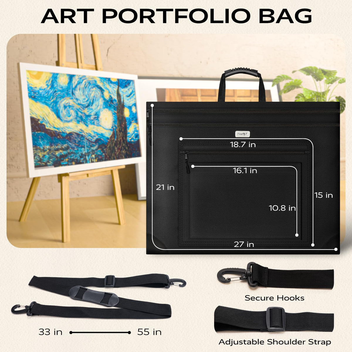 JusArt Art Portfolio Bag, 20x26 Light Weight Portfolio Folder Case with Adjustable Shoulder Strap, Leather Corners, Waterproof Art Bag for Artists and Students for Artwork, Poster, Sketching, Drawing