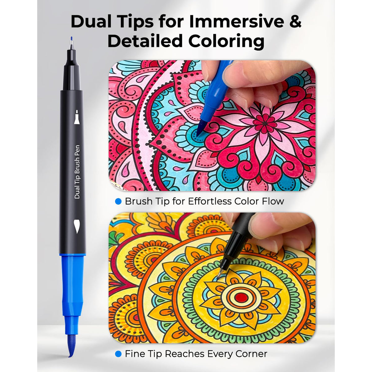 JusArt Markers for Adult Coloring Books No Bleeding, 100 Colors Coloring Markers with Dual Tips, Fine & Brush Pens with Ergonomic Triangle Grip & 33% More Ink, Water-Based Art Drawing Set for Adults