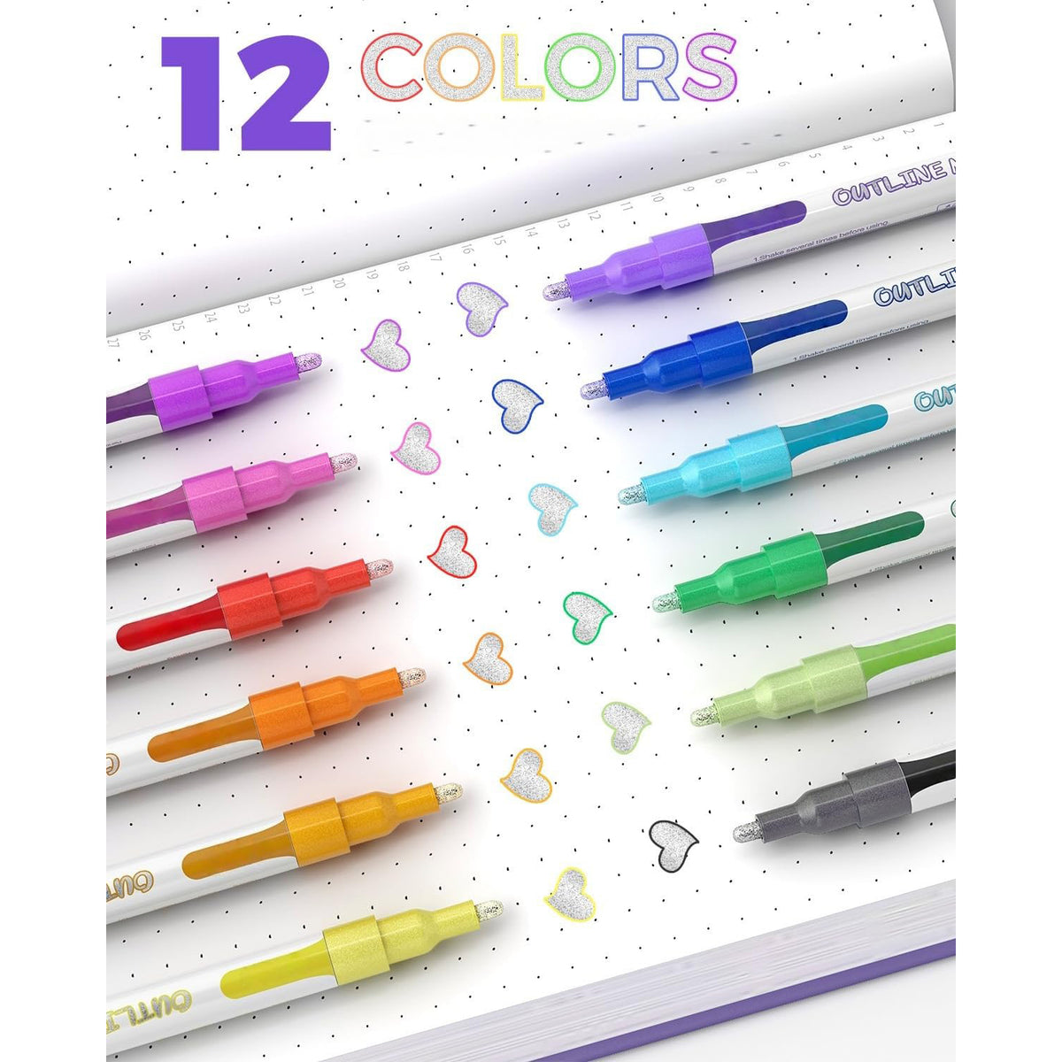 JusArt Outline Sparkle Markers, Glitter Markers,12 Metallic Shimmer Pens for Adult Coloring, Cool Fun Drawing Supplies for Christmas, Easter, Halloween