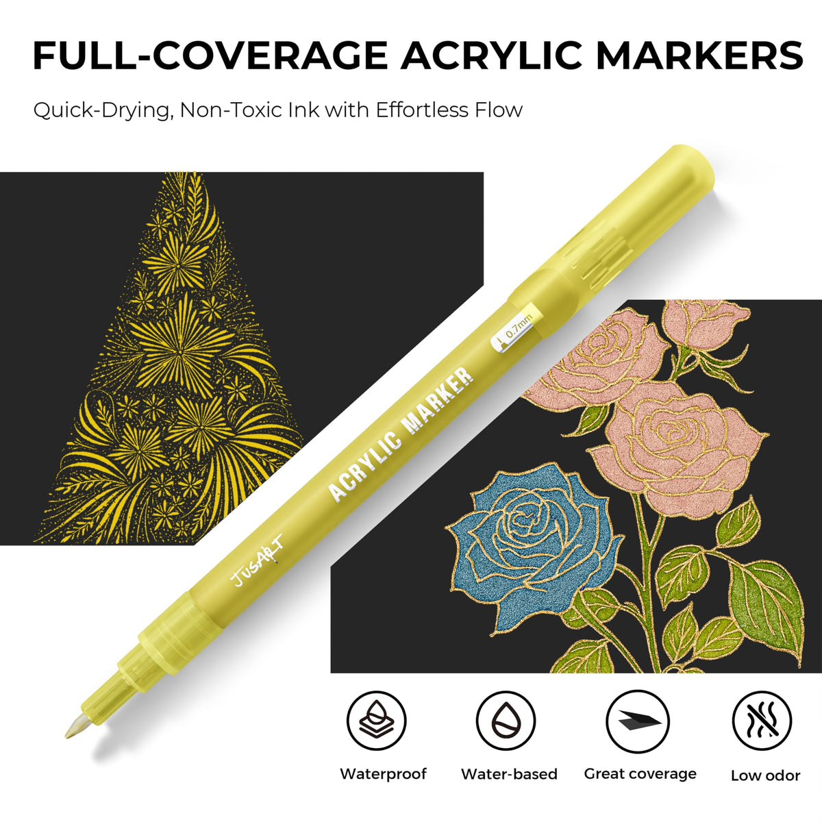 JusArt 3 Pack Gold Permanent Markers, 0.7mm Fine Point Acrylic Paint Pens for Rock Painting, Art Projects, Ceramic, Glass, Wood, Metal, Fabric, DIY, Ideal White Acrylic Marker for Art Supplies