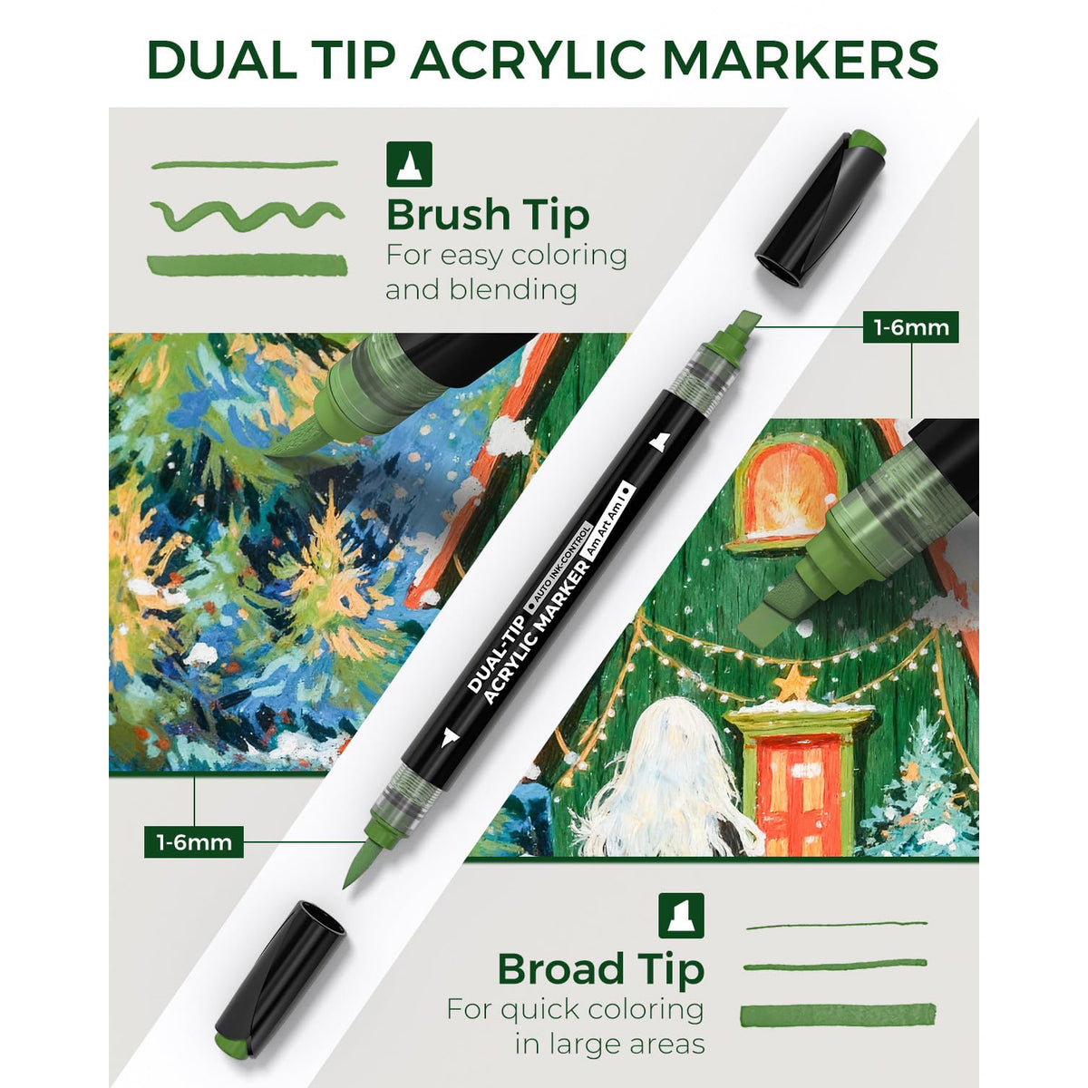 JusArt Automatic Ink Control Acrylic Paint Markers,36 Colors Dual Tip with Broad Tip and Brush Tip Pens for Ceramic, Wood, Canvas, Glass, Stone, Fabric, Rock Painting, DIY Crafts Art Supplies Kit