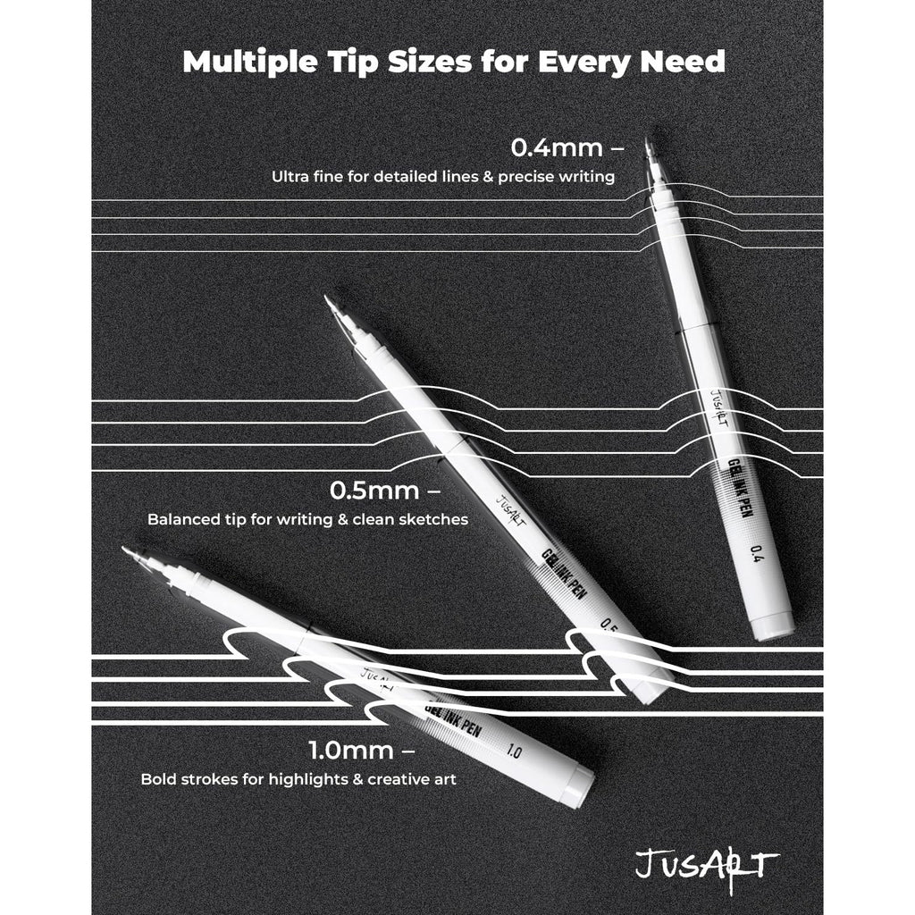 JusArt White Gel Pens with 0.4mm, 0.5mm & 1.0mm Assorted Tips, Opaque White Ink Pens for Black Paper, Drawing, Journaling & DIY Crafts, Ideal Drawing Pens for Artists & Art Supplies, 5 Pack
