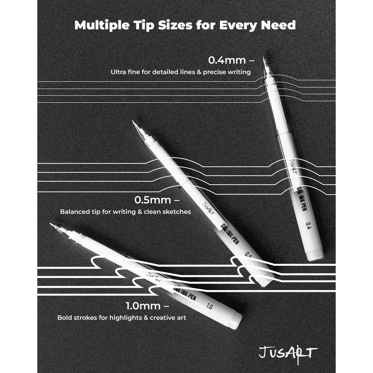 JusArt White Gel Pens with 0.4mm, 0.5mm & 1.0mm Assorted Tips, Opaque White Ink Pens for Black Paper, Drawing, Journaling & DIY Crafts, Ideal Drawing Pens for Artists & Art Supplies, 5 Pack