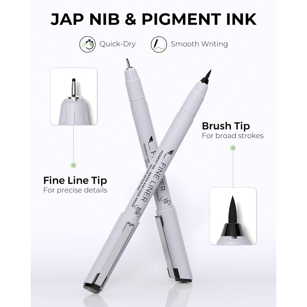 JusArt Fineliner Pens, 8 Size, Ultra Fine, Fine & Brush, Waterproof Black Pigment Ink Drawing Pens for Illustration, Sketching, Writing, Journaling, Bible Notes, Technical Drawing pens