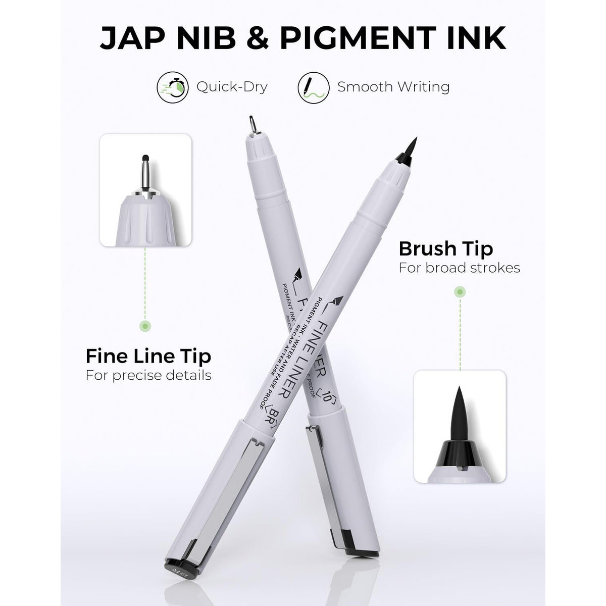 JusArt Fineliner Pens, 8 Size, Ultra Fine, Fine & Brush, Waterproof Black Pigment Ink Drawing Pens for Illustration, Sketching, Writing, Journaling, Bible Notes, Technical Drawing pens