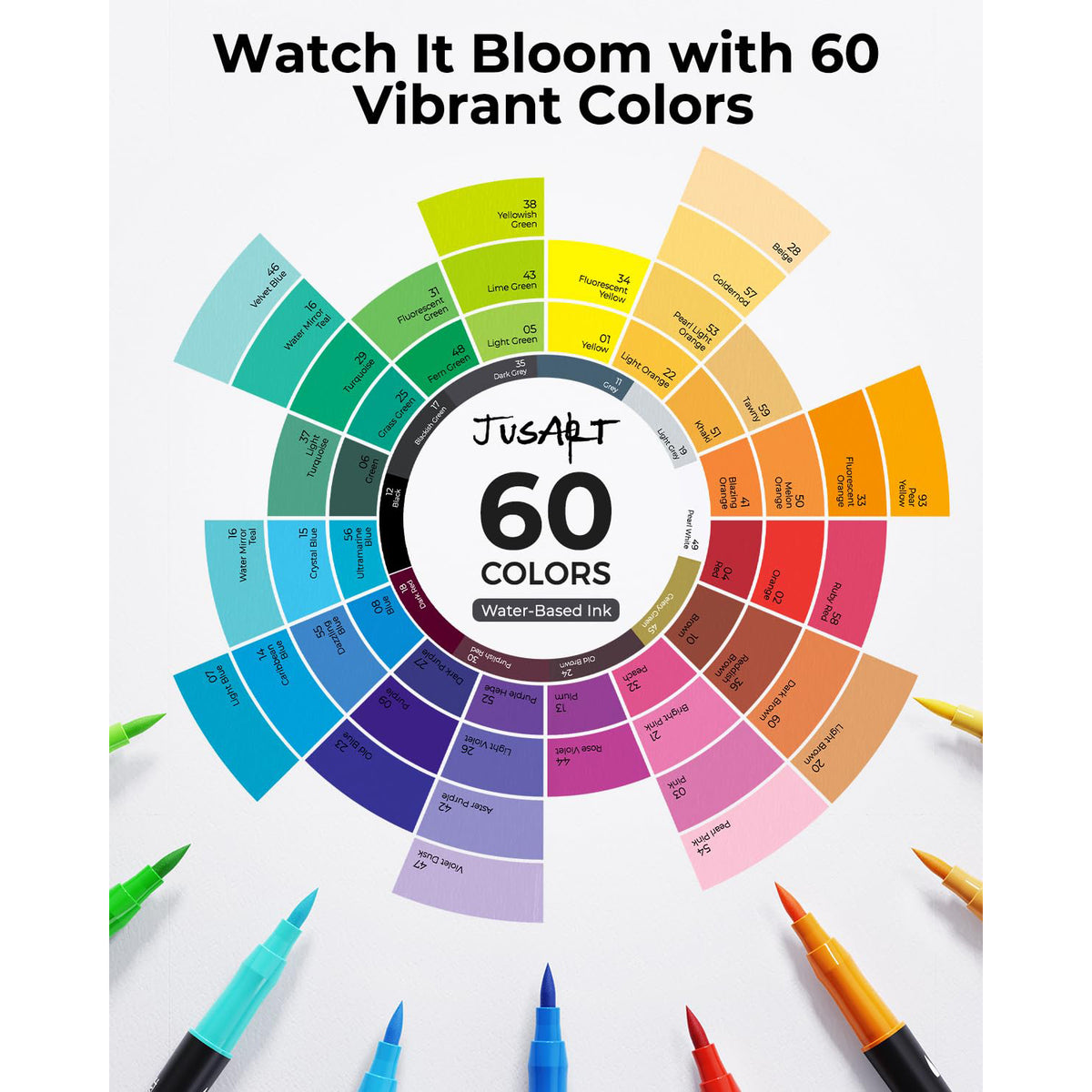JusArt Markers for Adult Coloring Books No Bleeding, 60 Colors Coloring Markers with Dual Tips, Fine & Brush Pens with Ergonomic Triangle Grip & 33% More Ink, Water-Based Art Drawing Set for Adults