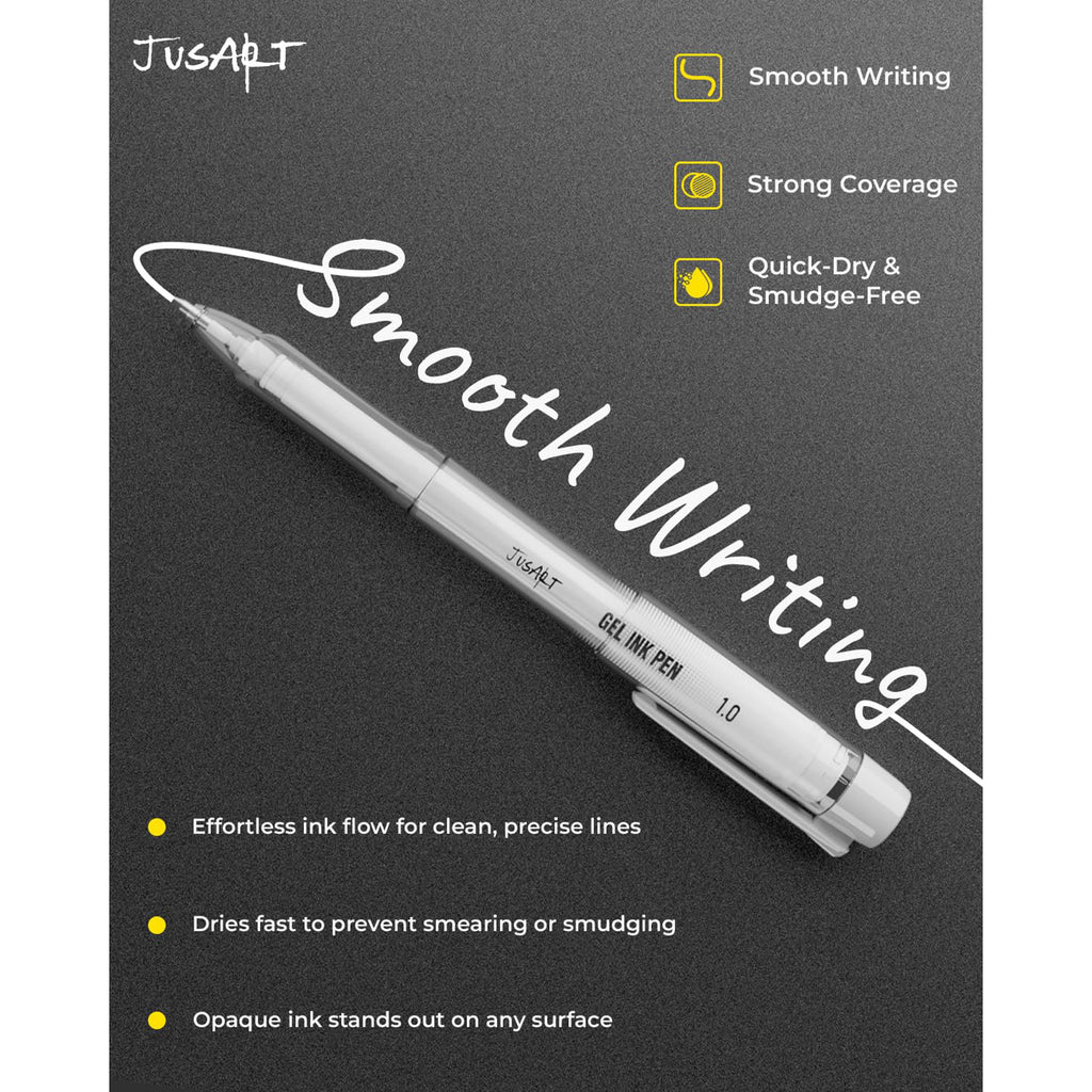 JusArt White Gel Pens with 0.4mm, 0.5mm & 1.0mm Assorted Tips, Opaque White Ink Pens for Black Paper, Drawing, Journaling & DIY Crafts, Ideal Drawing Pens for Artists & Art Supplies, 5 Pack
