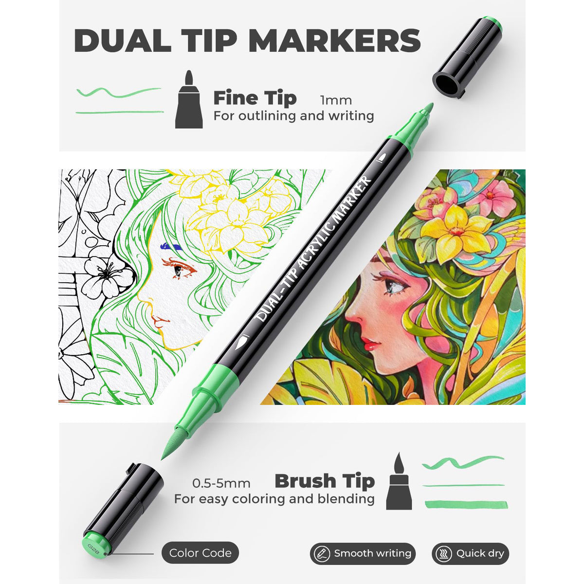 JusArt 48 Colors Acrylic Paint Markers Set with Canvas Bag, Dual Tips with Brush Tip & Fine Tip, No-Bleed, Waterproof, Non-Toxic & Odorless Paint Pens for Rock, Egg, Wood, Canvas, Ceramic, DIY
