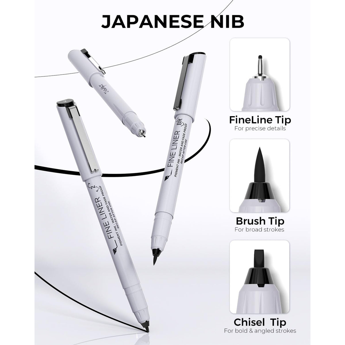 JusArt Fineliner Pens, Ultra Fine, Fine, Brush & Chisel, 12 Size, Waterproof Black Pigment Pen for Artists, Crafters, Illustration, Sketching, Writing, Journaling, Bible Note, Technical Drawing pens