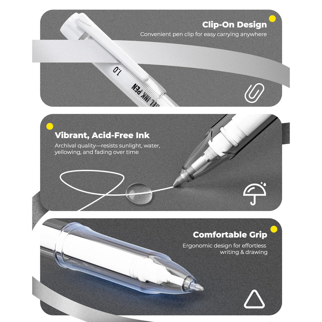 JusArt White Pen, Gold Pens & Silver Pen with 0.4mm, 0.5mm & 1.0mm Assorted Tips, Opaque Ink Pens for Black Paper, Journaling & DIY Crafts, Ideal Drawing Pens for Artists & Art Supplies, 5 Pack
