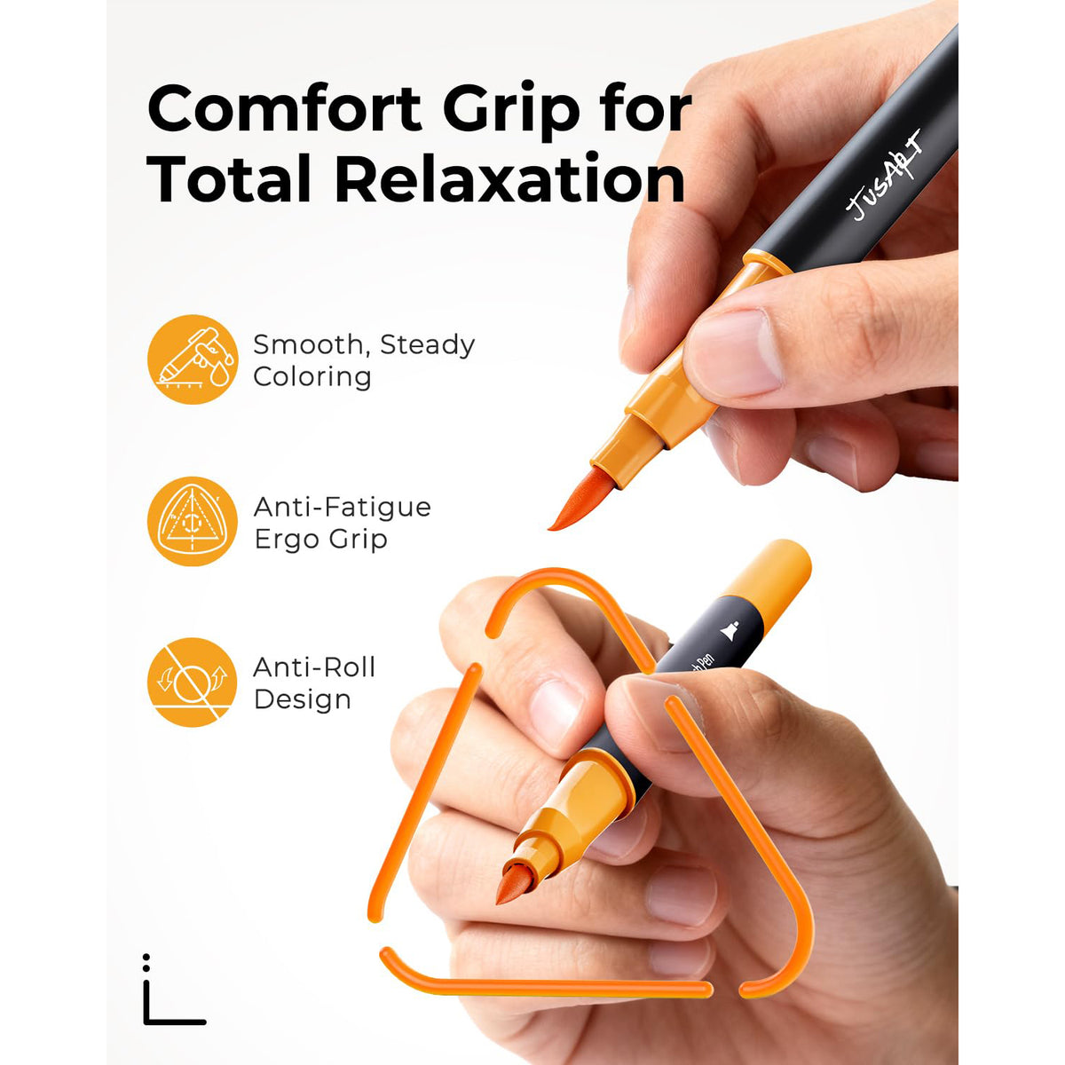 JusArt Markers for Adult Coloring Books No Bleeding, 100 Colors Coloring Markers with Dual Tips, Fine & Brush Pens with Ergonomic Triangle Grip & 33% More Ink, Water-Based Art Drawing Set for Adults