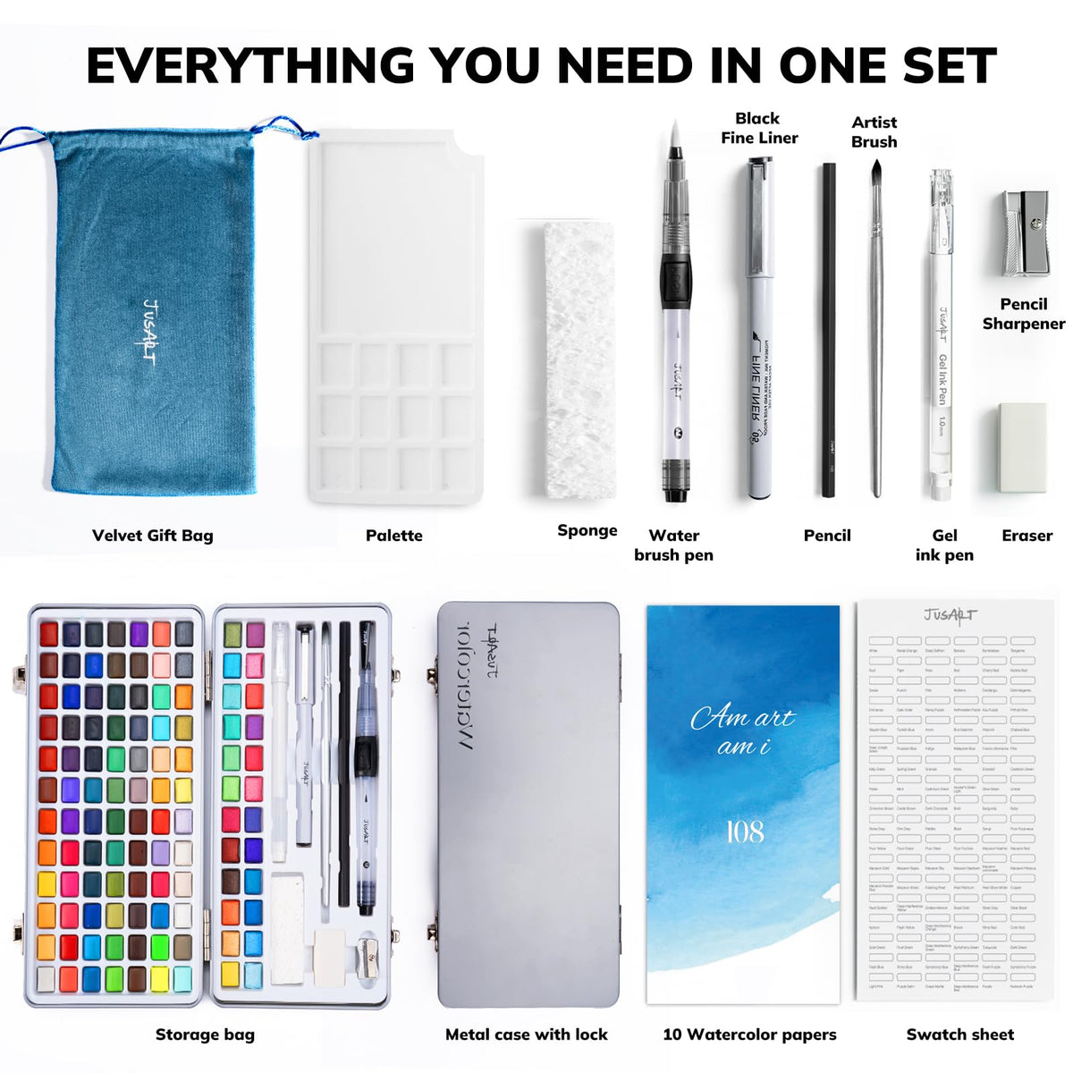 JusArt 108 Colors Watercolor Paint Set,Art Supplies with Metallic Color, Detail Painting Brushes, Water Brush Pens, Portable Travel Watercolor Painting Set for Adult, Artists, Professionals