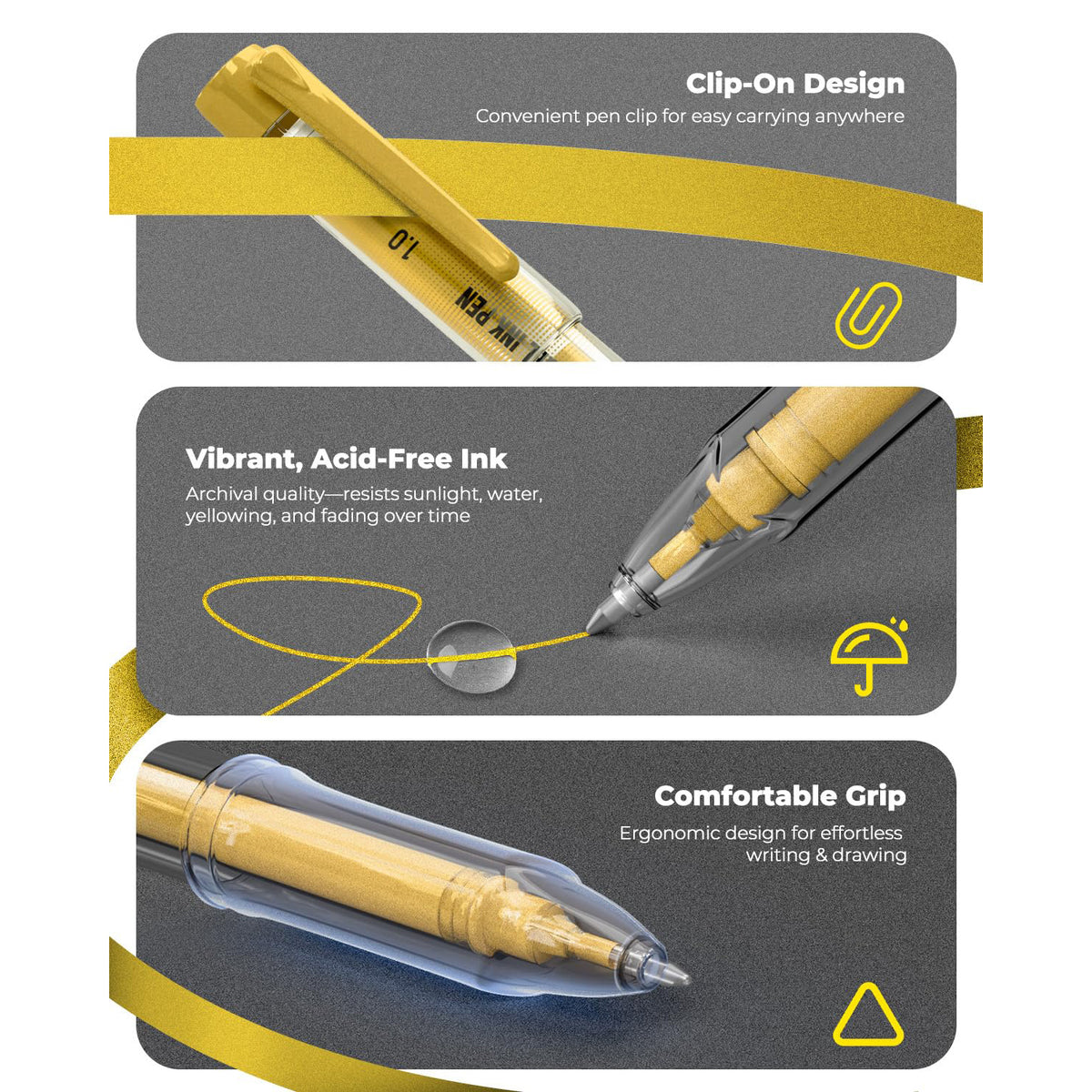 JusArt Gold Pens with 0.4mm, 0.5mm & 1.0mm Assorted Tips, Opaque Ink Gel Pens for Black Paper, Drawing, Journaling & DIY Crafts, Ideal Drawing Pens for Artists & Art Supplies, 3 Pack